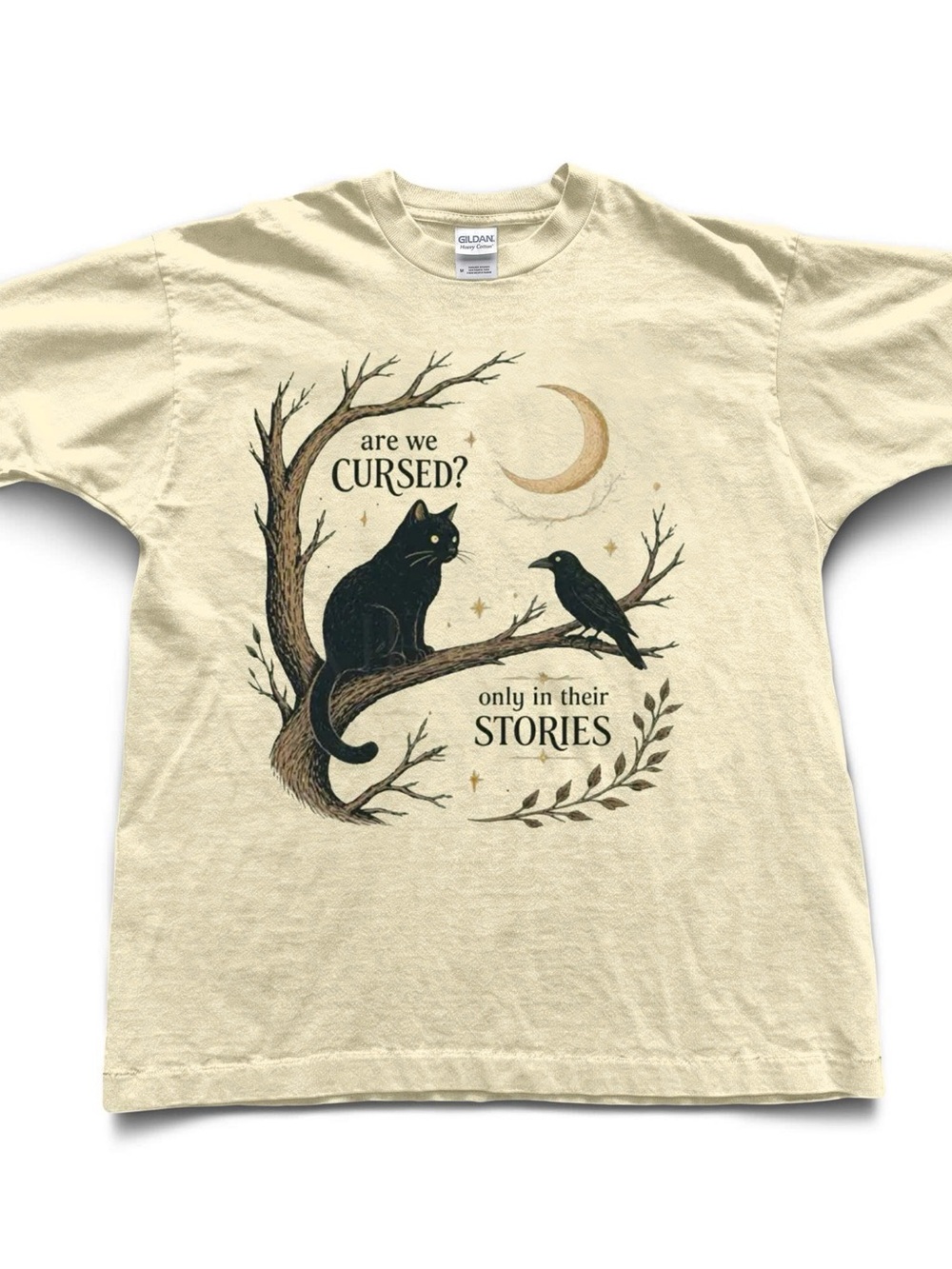 Gildan Cream Short Sleeve Tee with Black Cat & Crow Illustration